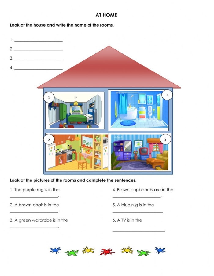 Worksheet for identifying different rooms in a house for second graders