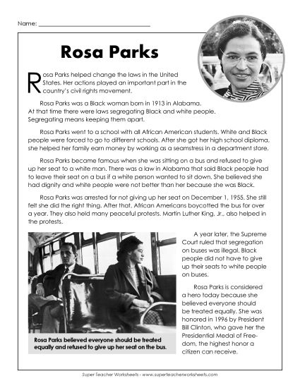 Second grade student worksheet featuring a historical lesson about civil rights leader Rosa Parks