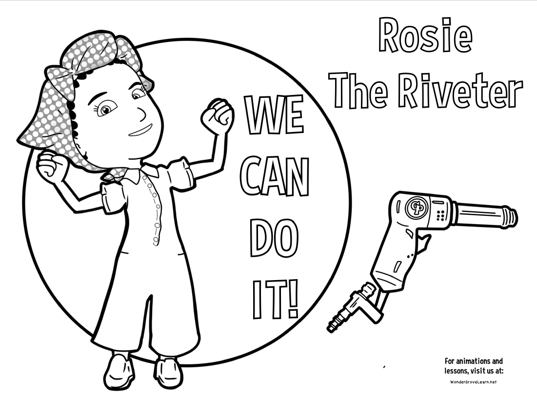Rosie the Riveter Addition Coloring Page 5 Second grade math worksheet featuring a Rosie the Riveter addition practice page