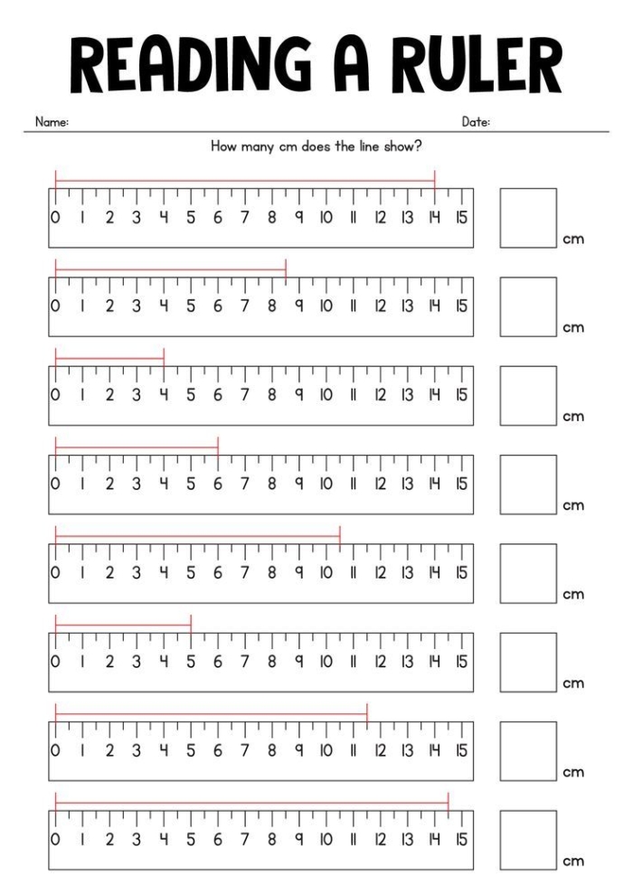 Math worksheet on understanding ruler measurements for second grade students Worksheet for teaching second graders how to read a ruler for math practice