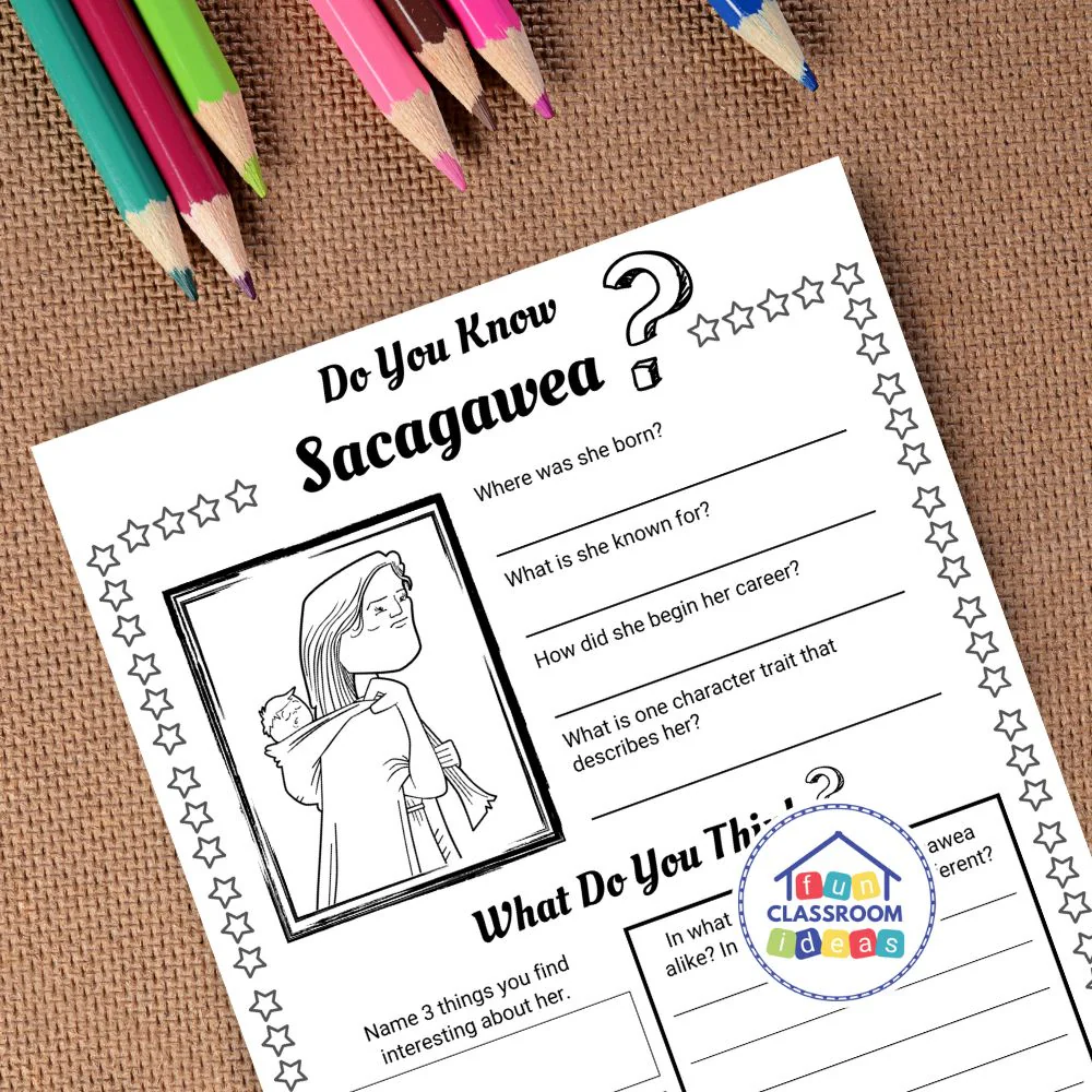 Sacagawea guiding explorers through the wilderness on a historical worksheet for second graders