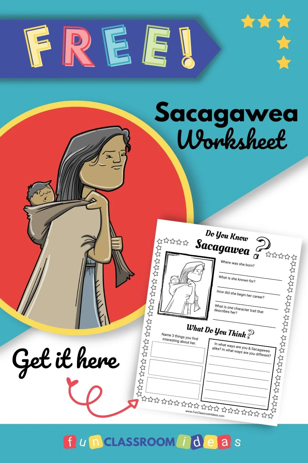 Sacagawea guiding Lewis and Clark through the wilderness in a historical worksheet for second graders