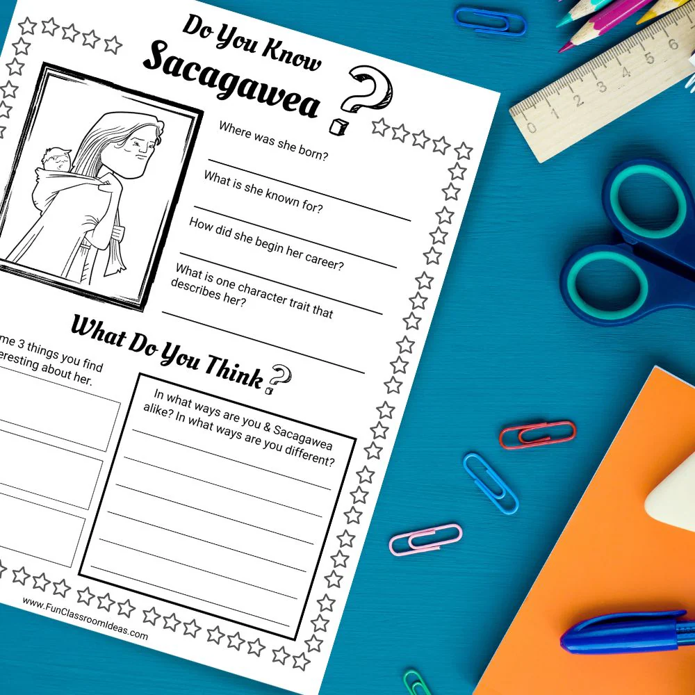 Image of a worksheet featuring Sacagawea, a key figure in American history guiding Lewis and Clark. Educational resource for second graders studying influential women in economics.