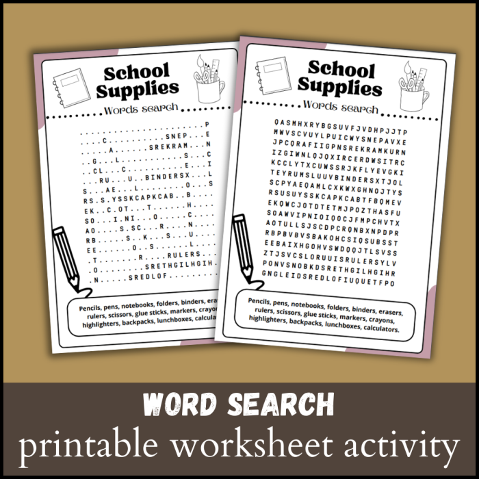 Second grade geography students finding school supplies in a fun word search puzzle