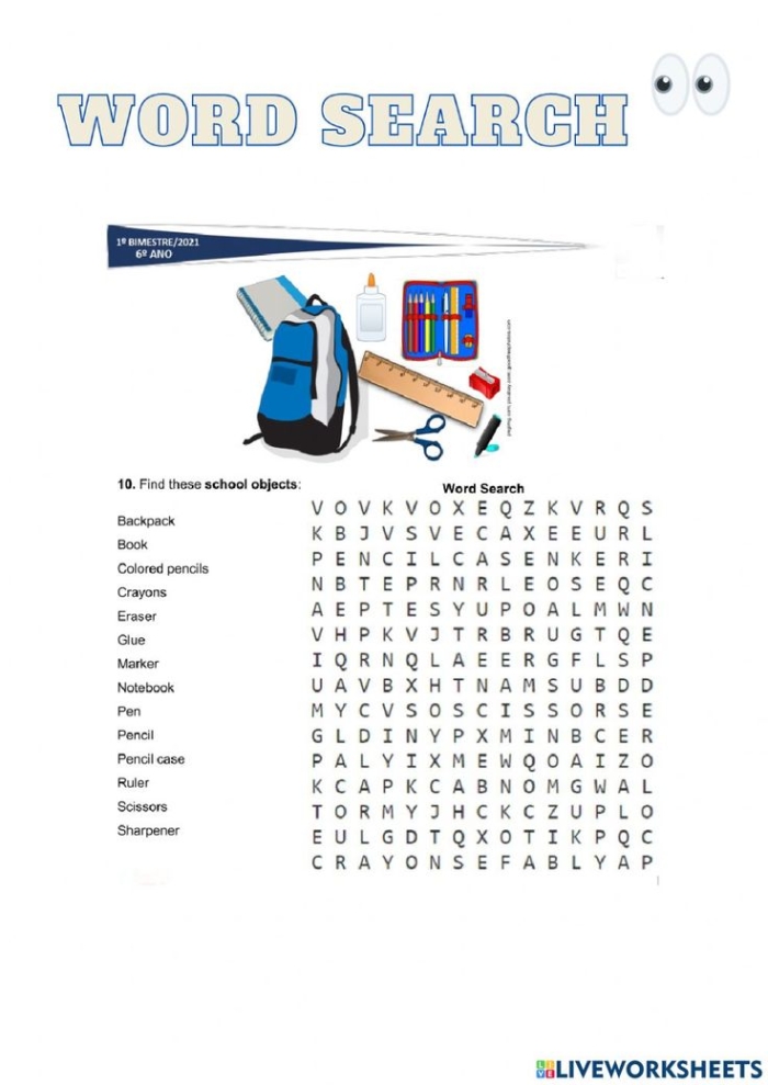 Second grade students completing a school supplies word search puzzle activity to practice spelling and vocabulary