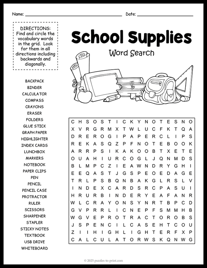 Second grade students finding school supply words in a word search puzzle grid