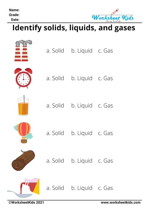 Second grade science worksheet focused on identifying solid, liquid and gas states of matter