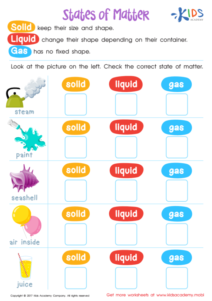 Second grade science worksheet focused on identifying solid liquid and gas states of matter