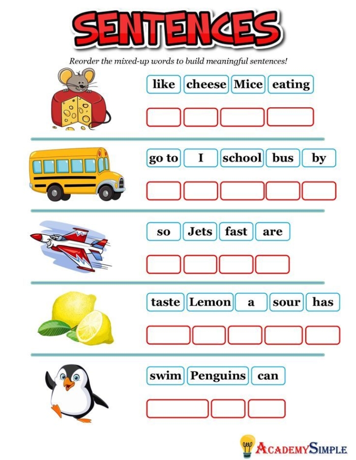 Kids enjoying the Crazy Cakes scrambled sentences worksheet for second graders