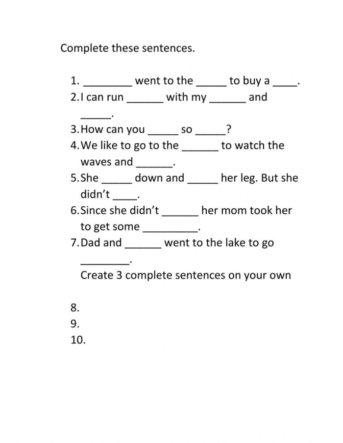 Engaging worksheet for practicing nouns and verbs in sentence structure Second grade Complete the Sentence worksheet featuring fun sentence completion activities