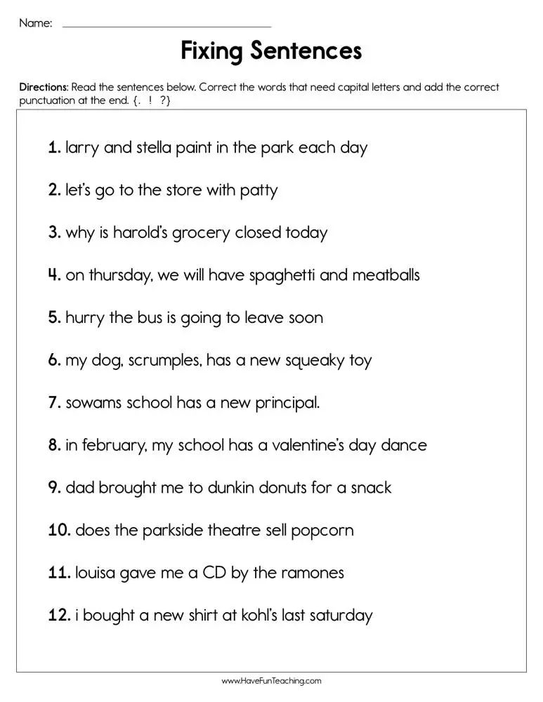 Sentence Fixer Worksheet - Enhancing punctuation and capitalization abilities in young learners Worksheet for improving grammar skills with a focus on sentence correction for second graders