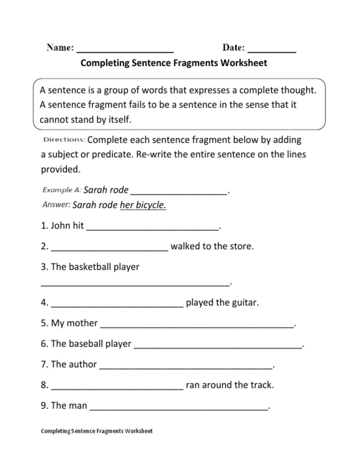 Grammar Practice Activity: Completing Sentence Fragments for Young Learners Second grade student completing a sentence fragments worksheet by adding missing subjects or predicates to incomplete sentences