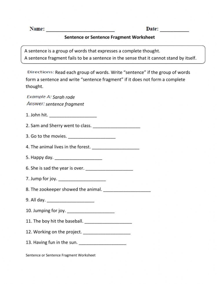 Sentence or Fragment Practice Activity for Elementary Learners Second grade grammar worksheet showing phrases for students to identify as complete sentences or fragments