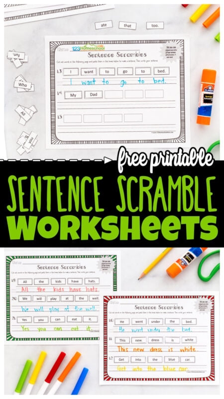 Second grade phonics worksheet showing scrambled words that students arrange to build complete sentences with proper structure