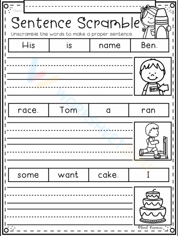 Second grade phonics sentence scramble worksheet with mixed up words for students to rearrange into correct sentences
