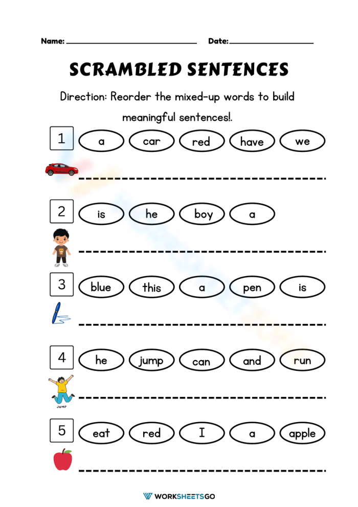Second grade phonics worksheet featuring a sentence scramble activity to improve word order and structure
