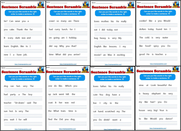 Second grade phonics worksheet showing scrambled words that students arrange to build complete sentences