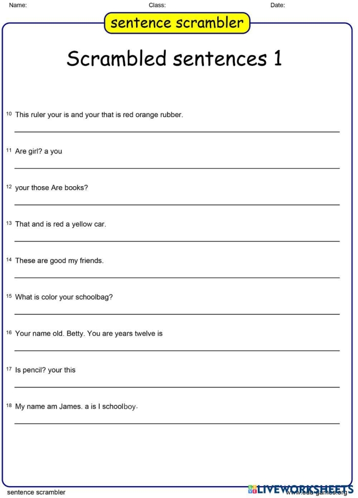 Second grade printable phonics worksheet featuring a sentence scramble activity to improve writing skills 12
