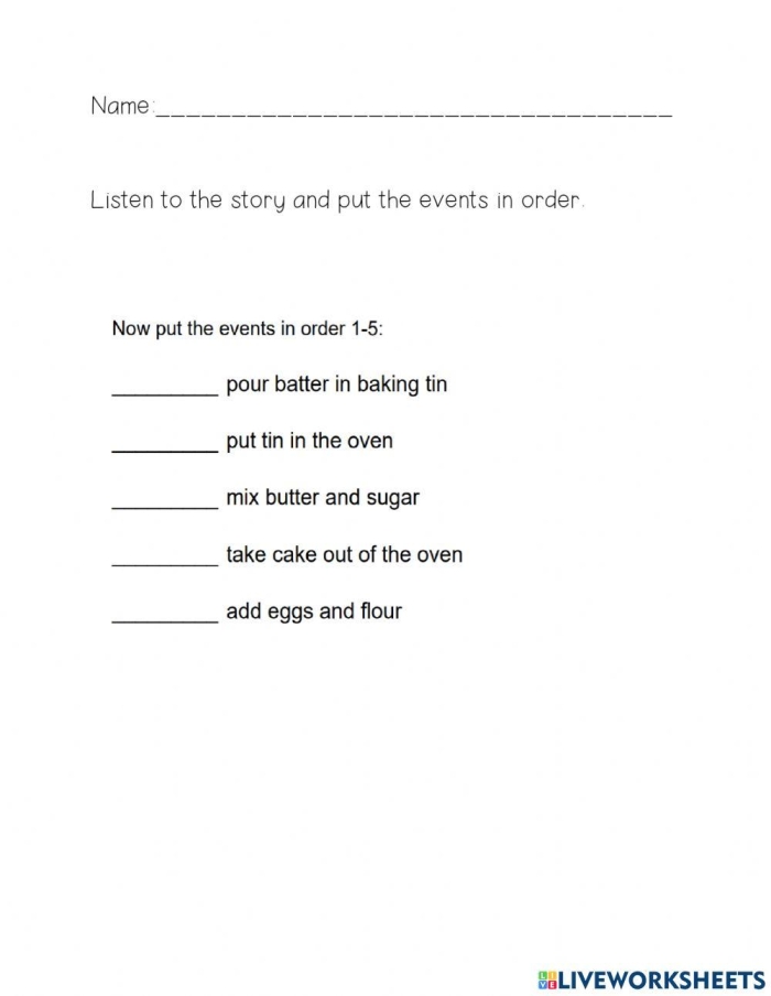 A young student identifying the beginning, middle, and end of a short story using picture clues on a sequence of events worksheet