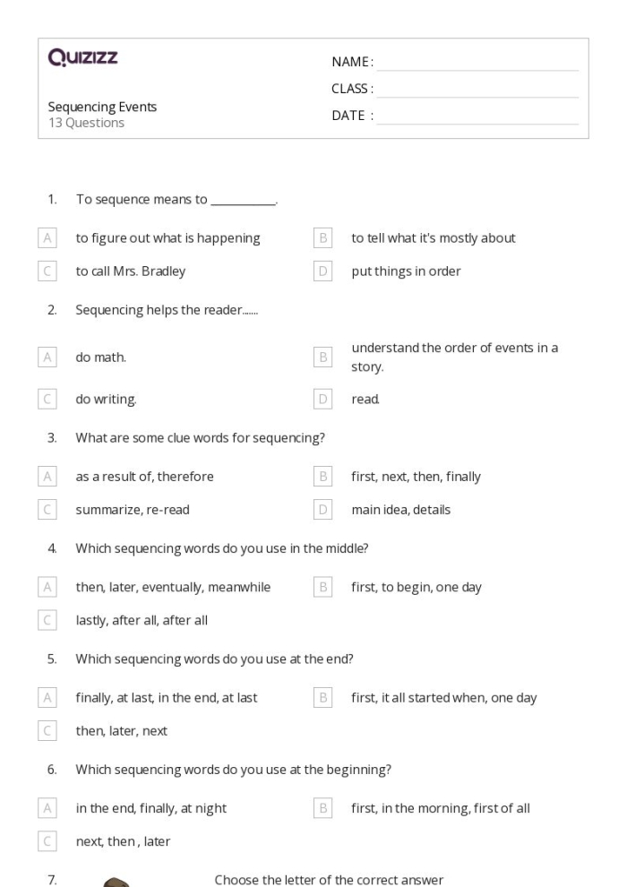 Second grade sequence of events worksheet featuring a short story and blank boxes for ordering narrative steps