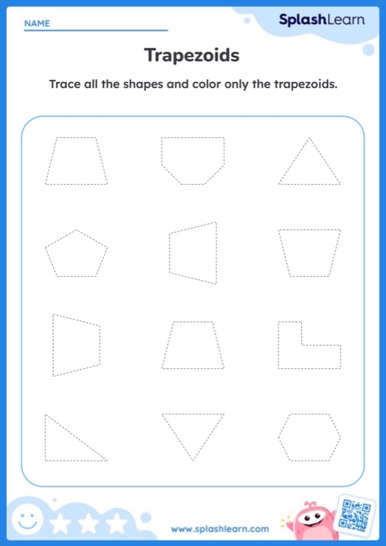 Second grade geometry worksheet featuring a collection of shapes to identify and count for trapezoids and quadrilaterals