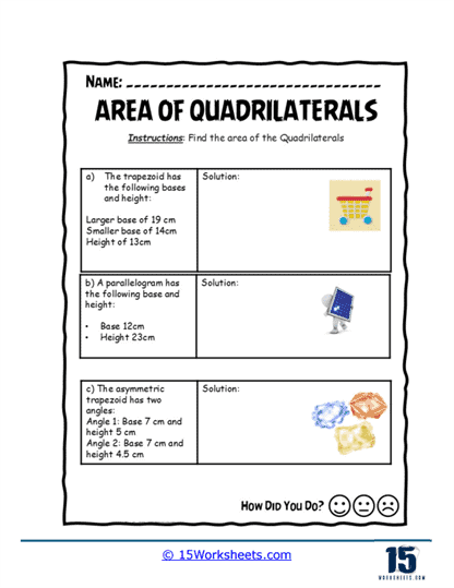 Second grade worksheet featuring a variety of shapes for students to identify and color trapezoids and quadrilaterals