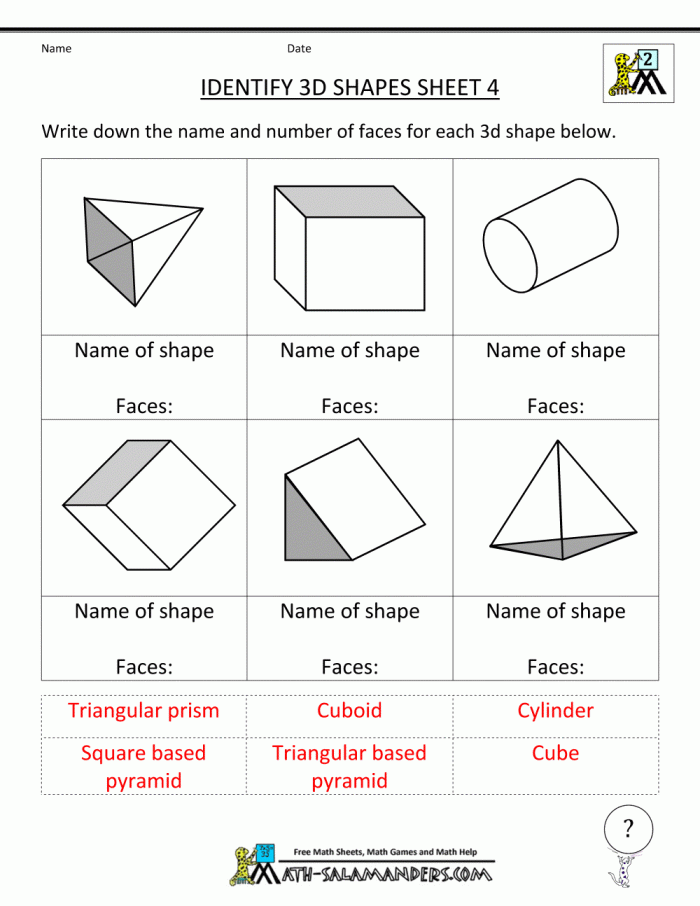 Worksheet featuring 2-D and 3-D shape identification for second graders