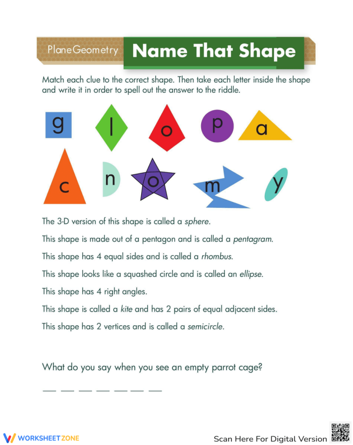 Second grade students engaging with a Shape Riddles worksheet to learn about different shapes