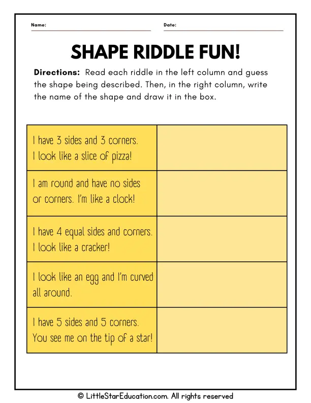 Colorful Shape Riddles worksheet for second graders to enhance shape recognition