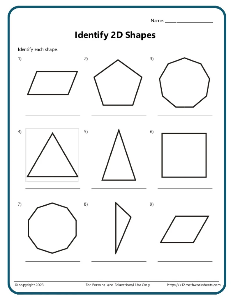 Second grade geometry worksheet for identifying and labeling two-dimensional and three-dimensional shapes