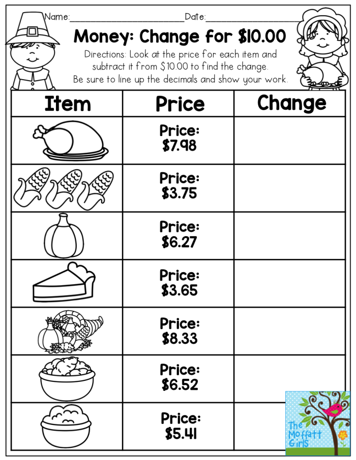 Engaging stationery math activity for kids learning about money Second grade worksheet for making change with a shopkeeper theme