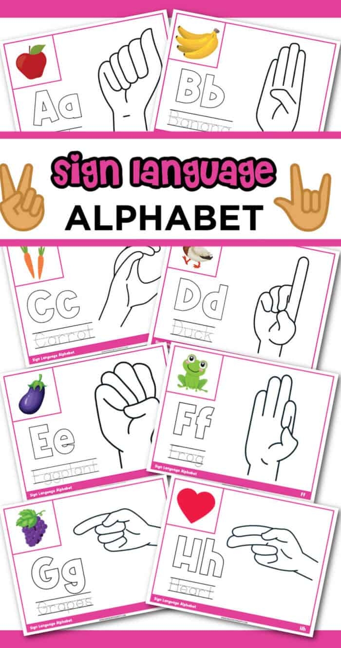 Second grade student learning sign language alphabet letters with hand gesture illustrations for silent communication