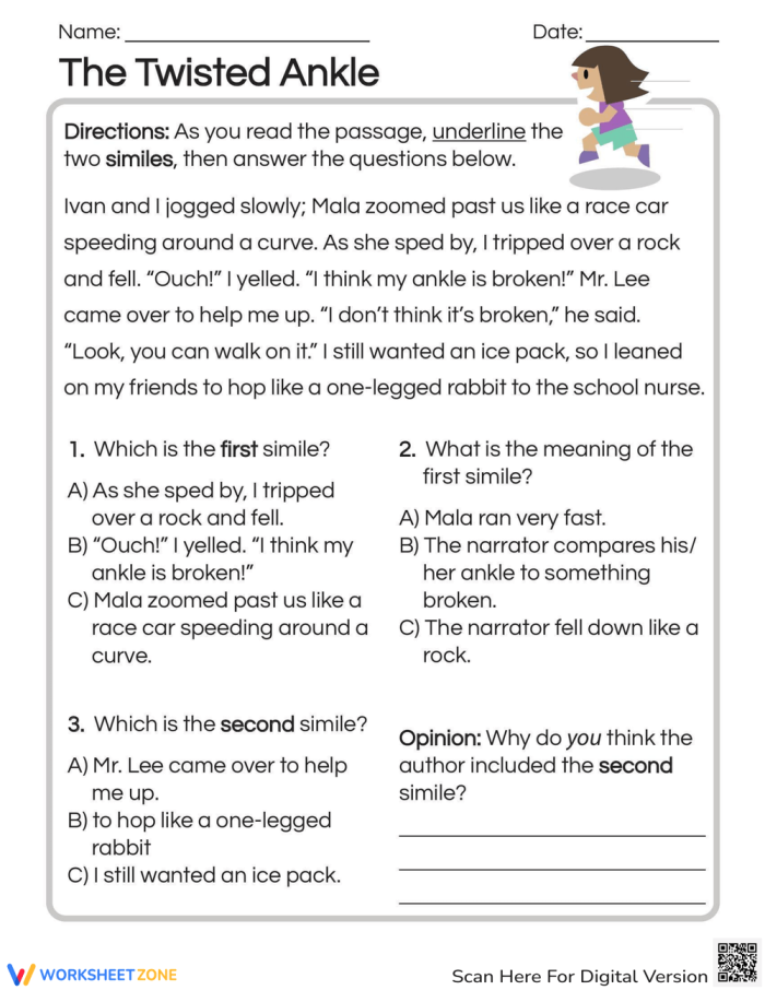 A second grade student identifies similes hidden within a story about a twisted ankle