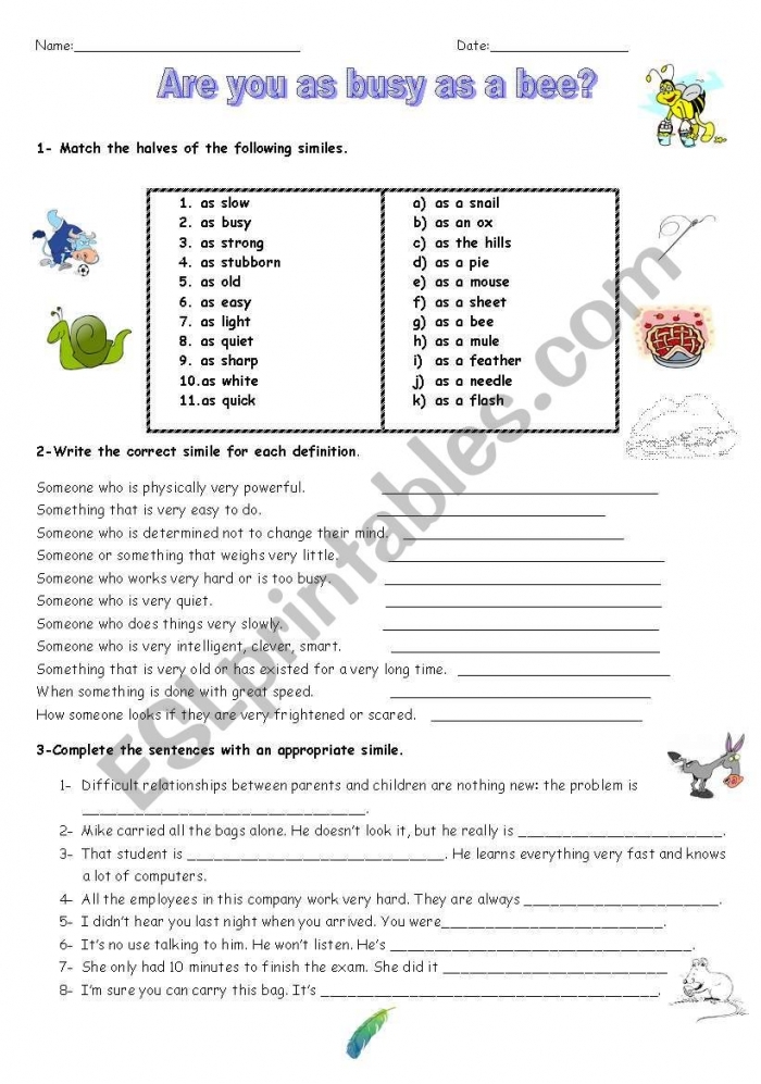 Similes worksheet for second graders featuring fill-in-the-blank activities about popular comparisons