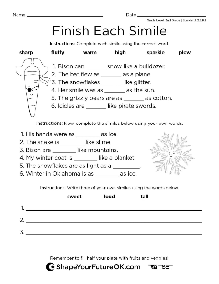 A colorful worksheet titled "Similes: Easy as Pie" designed for second graders to practice figurative language. Fill-in-the-blank activity featuring popular similes for children to complete.
