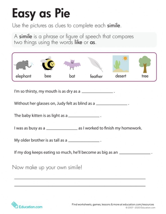 Second grade fill in the blank worksheet about learning common similes