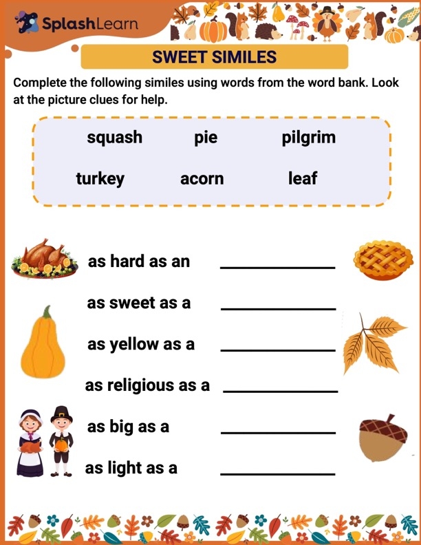Similes worksheet for second graders featuring fill-in-the-blank activities about common expressions. Engaging Similes: Easy as Pie worksheet for learning figurative language.