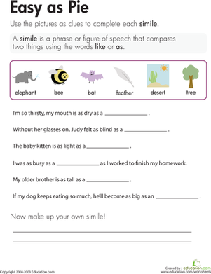 Second grade worksheet featuring a fill in the blank exercise for learning popular similes