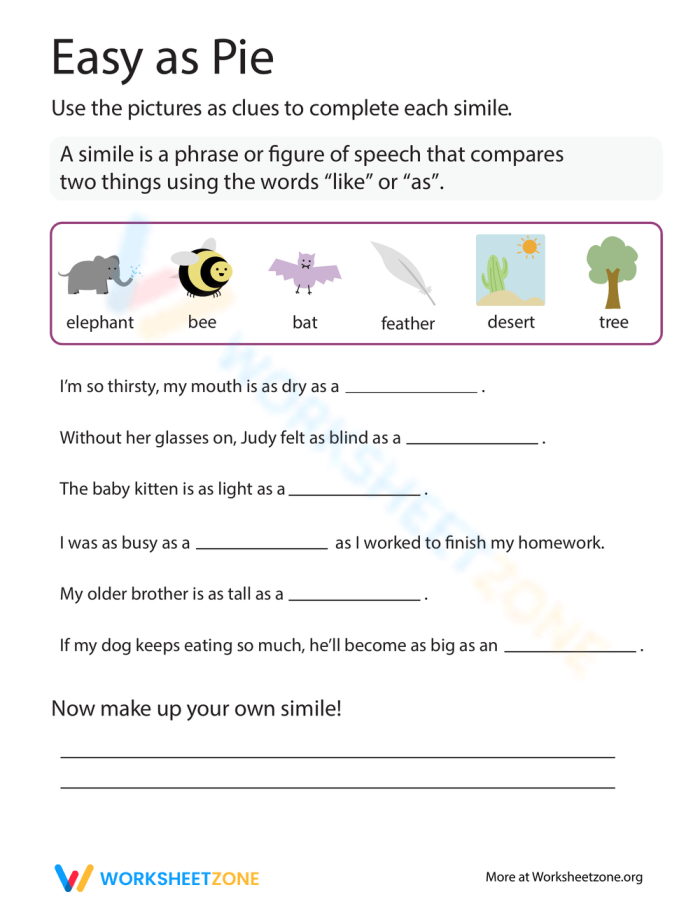 Second grade fill-in-the-blank worksheet for learning common similes
