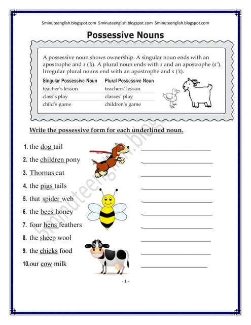 A second grade grammar worksheet showing examples of singular possessive nouns with apostrophes and practice exercises for students