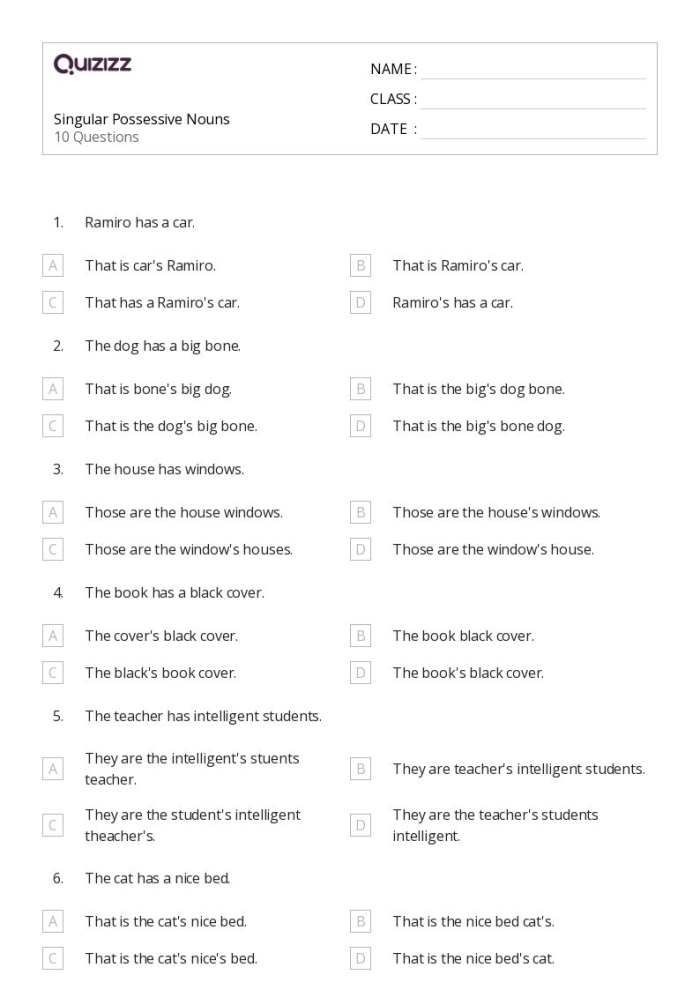 A second grade student worksheet showing singular possessive noun examples with apostrophes and practice exercises