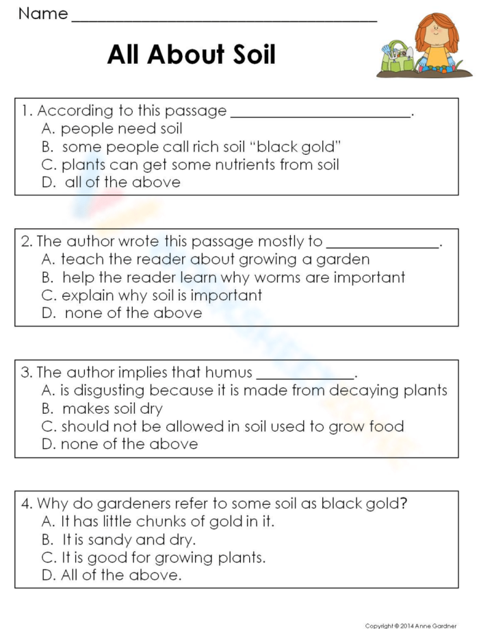 A colorful illustration of various soil types for a second-grade worksheet