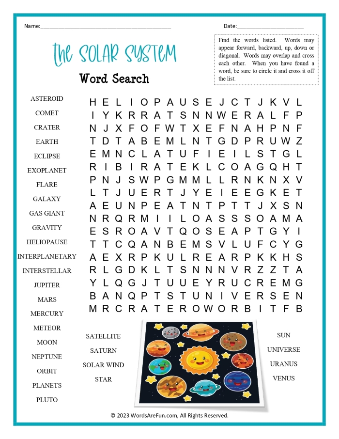 Second grade solar system word search worksheet with space themed planet vocabulary