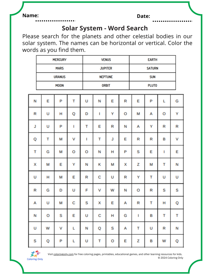 Second grade solar system word search worksheet featuring space themed vocabulary