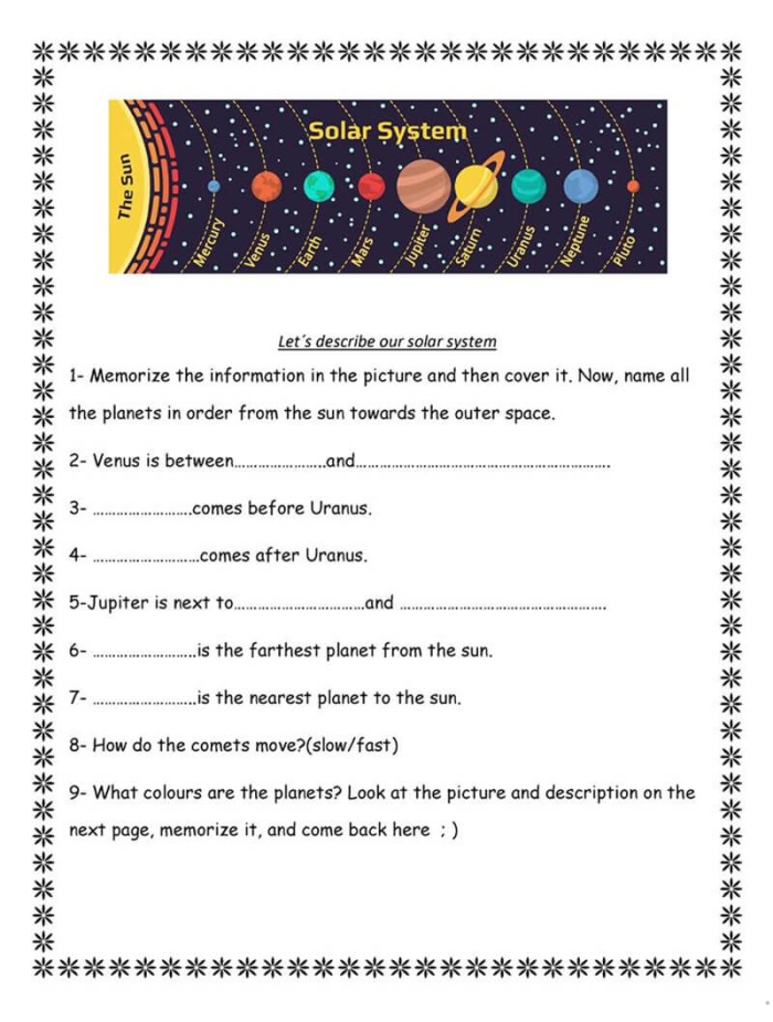 Second grade science worksheet showing a solar system matching activity for students