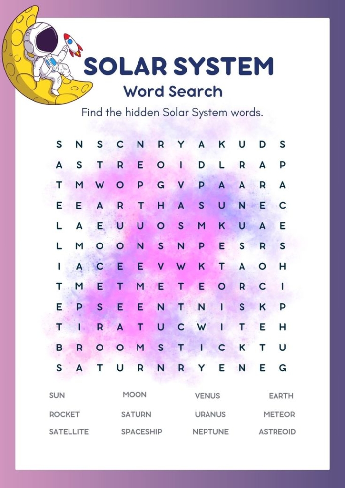 Second grade solar system word search worksheet with planet themed vocabulary