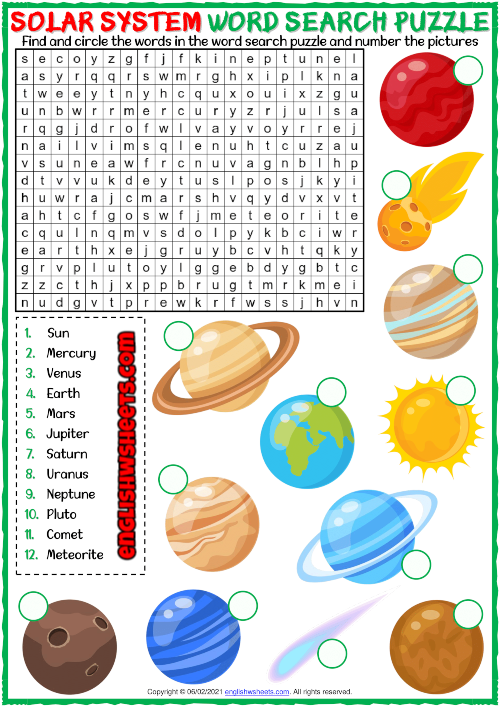Solar System word search worksheet featuring planets and space terms for second graders