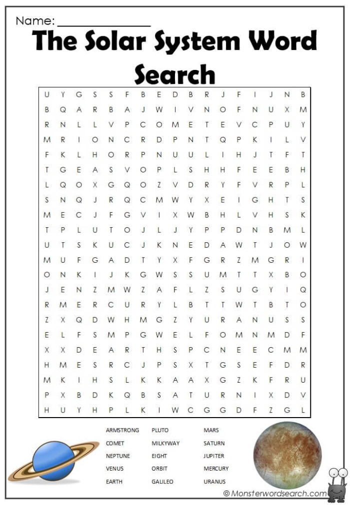 Second grade solar system word search worksheet with space themed planet names
