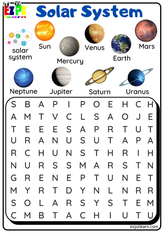 Second grade solar system word search worksheet with space-themed planet vocabulary