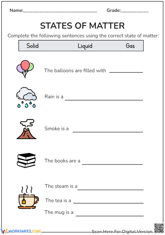 Matter Mixup worksheet image 12 showing examples of solid objects for second grade science A young student identifying solid objects like a book, ball, and block on a worksheet about states of matter